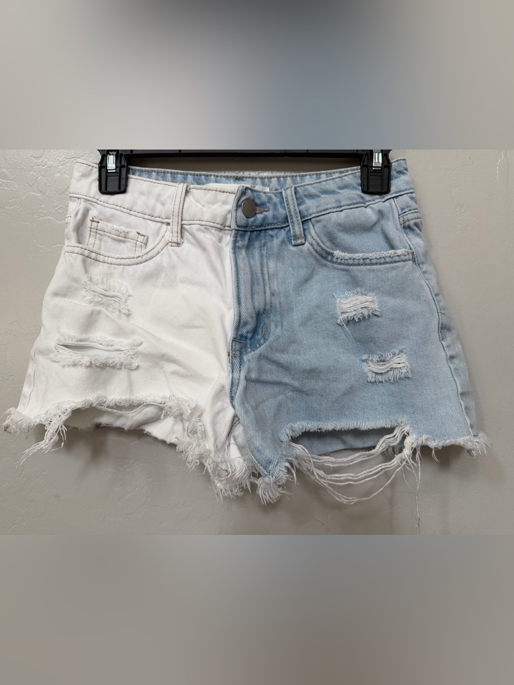 Altar'd State Two-Tone White & Light Blue Distressed Denim Shorts